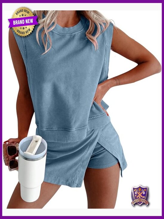 Pants - 2 Piece Cotton Tank Top Skort Set Casual Summer Tracksuit with Side Slit &